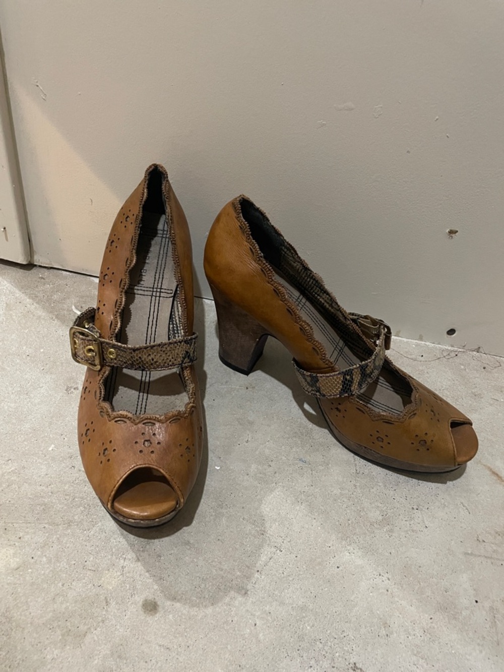 Bobbi Blu - Women's Tan Peep-Toe Mary Jane Heels with Buckle Strap